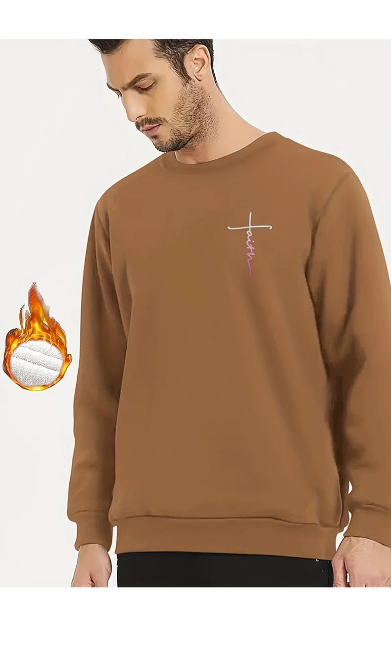 Men Black Plush Fleece Lined Sweatshirt Minimal Faith Cross Print Crew Neck Long Sleeve Casual Warm Pullover For Cold Weather
