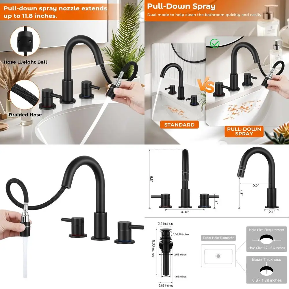 

3-Hole Pull-Down Spray Shower Faucet, Sink Faucet with Upstream Drain, 8 Widespread Bathroom Faucet