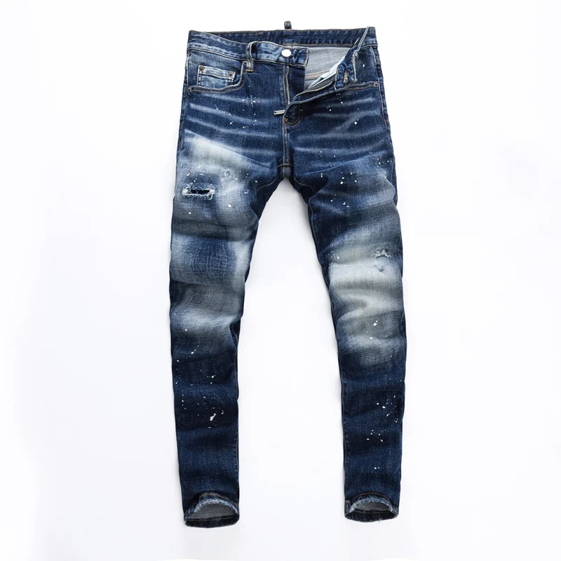 

Street Designer Fashion Men Jeans Retro Blue Stretch Slim Fit Patched Ripped Jeans Men Brand Painted Vintage Denim Pants Hombre