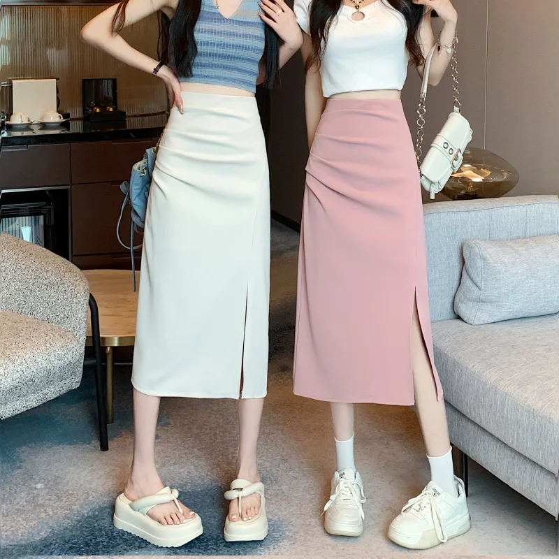 Pink Women Slit Skirt Spring Summer High Waist Solid Color Package Hip Skirt Female Fold Mini Length Hip Wrap Skirt