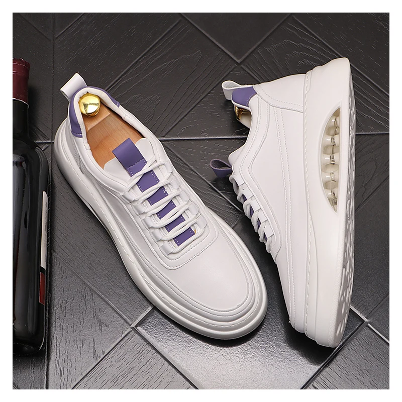 British style mens casual white shoes lace-up genuine leather flats shoe comfortable air cushion sneakers platform footwear male