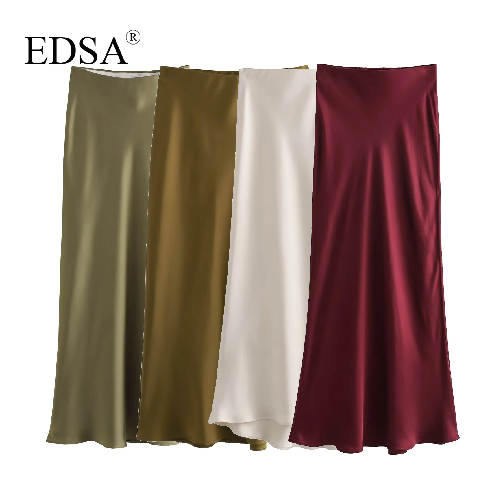 EDSA Women Satin Midi Skirt High Waist Straight Long Skirts Summer Bodycon Female Holiday Casual Streetwear