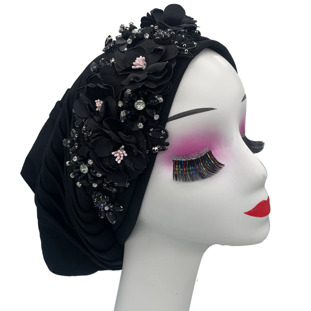 Elegant Flower Diamonds Women\'s Turban Cap African Party Headwear Lady Head Wrap Bonnet Muslim Hijab Hat turbante mujer