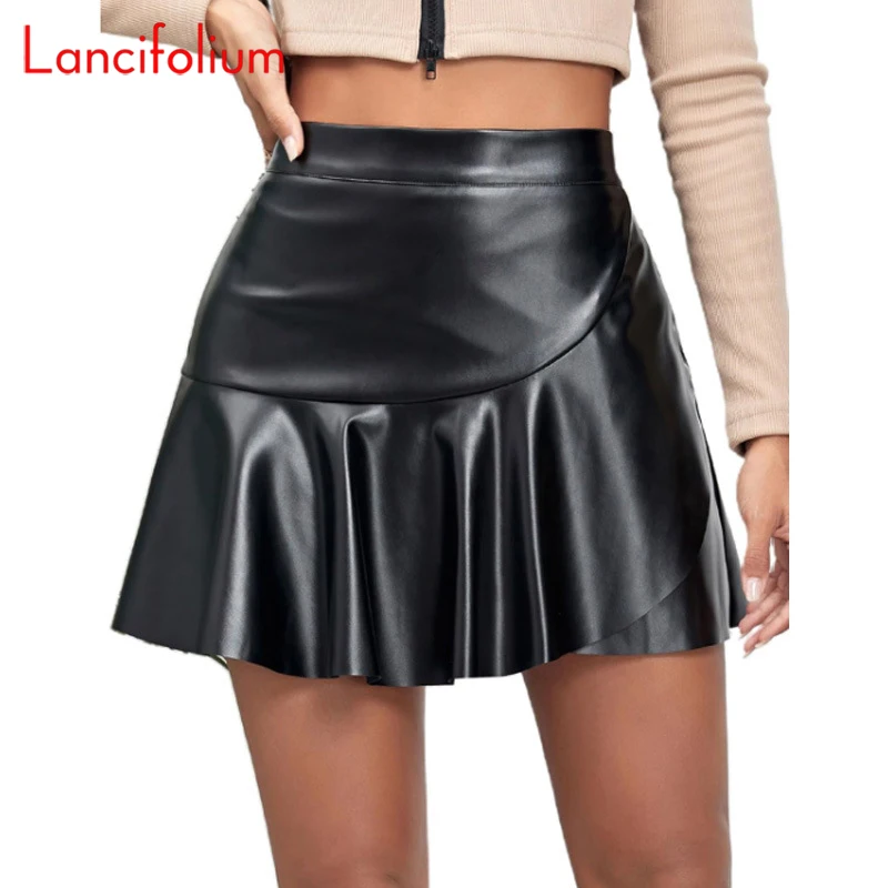 

Black PU Leather Skirts High Waist Pleated Ruffle Indie Y2k Cross Skater Tennis Gothic Alina Mini Skirt Spring Summer Women 2024