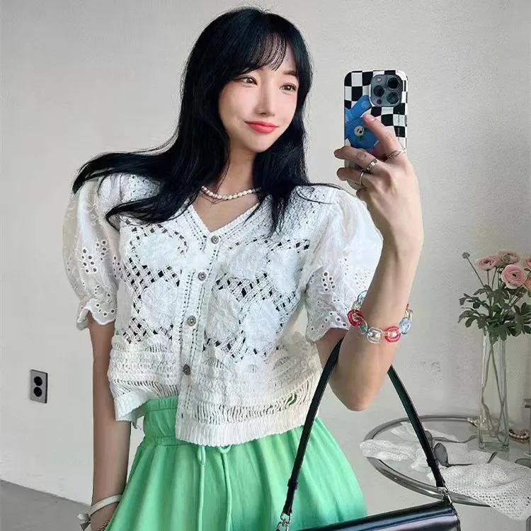 Japanese Style Puff Sleeve Single Breasted Lace Crop Top Women Summer Fashion Casual Elegant Lovely Ladies Blouses Dropshipping