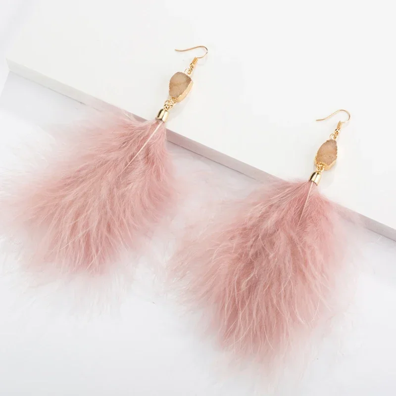 New Long Crystal Tassel Dangle Drop Earrings for Women Bohemian Genuine Feather Pendants Plush Earrings Wedding Elegance Jewelry