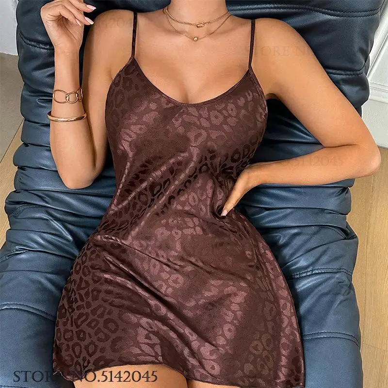 

Sexy Lingerie Nightgown Women Sleepwear Summer New Jacquard Leopard Suspender Nightdress Homewear Silky Satin Nighty Underwear