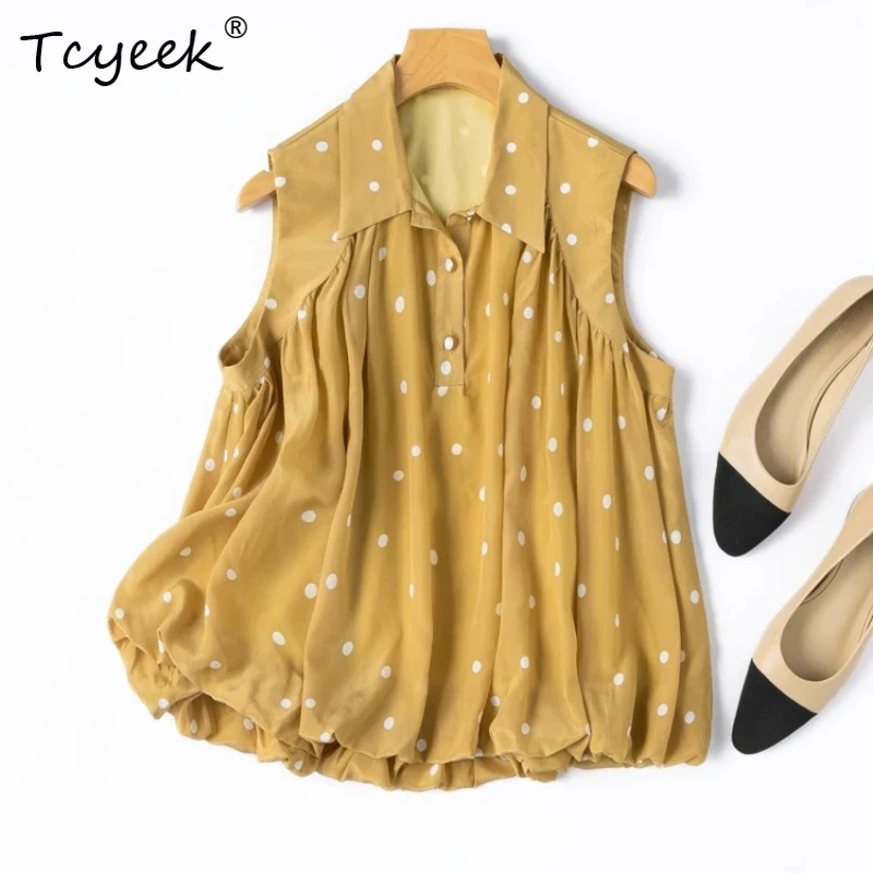 

Tcyeek 100% Real Silk Shirts for Women 2026 Summer Orange Polka Dot Sweet Polo Collar Loose Vest Female Clothing Tops De Mujer