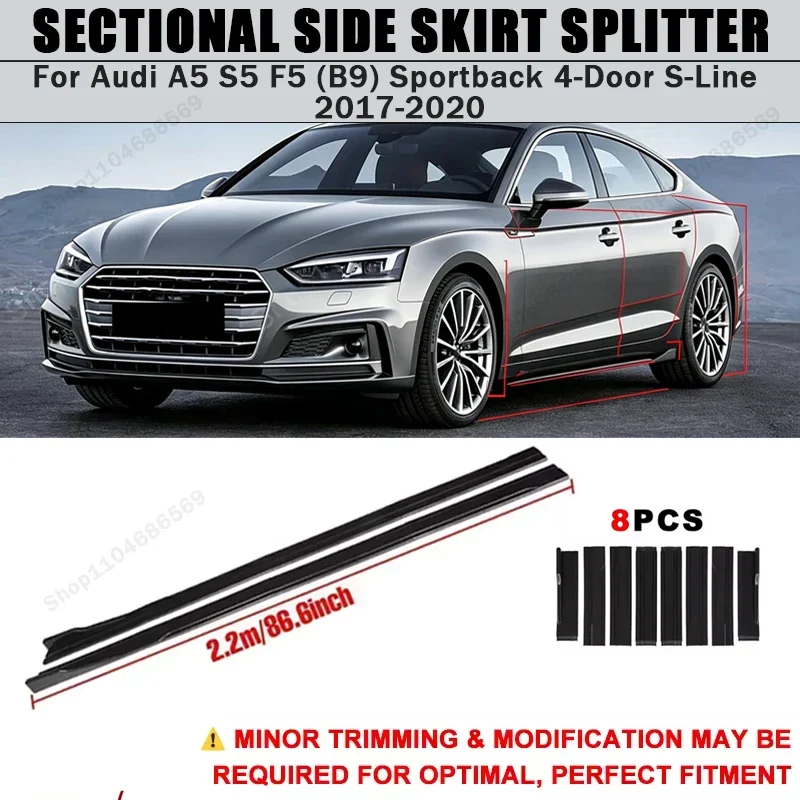 For Audi A5 S5 F5 (B9) Sportback 4-Door S-Line 2017-2020 Side Skirts Extension Rocker Panel Splitter 86.6" ABS Plastic Body Kit