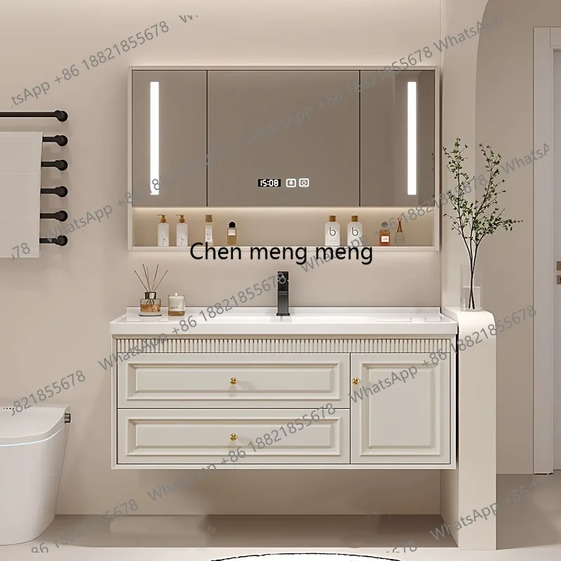 French Cream Wind Oak Bathroom Cabinet Solid Wood Paint Wash Table Ceramic Integrated Basin Wash Table