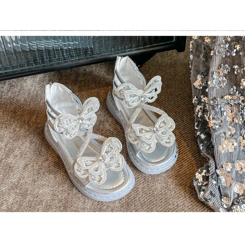 

Girls Butterfly Rhinestone High-top Princess Sandals Classmates Summer 2025 New Children's Rhinestone Cross Solid Color Sandals
