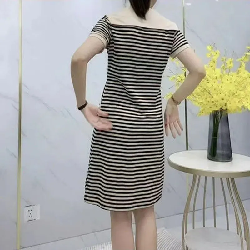 Korean Striped Sailor Collar Midi Dress Summer New Stylish Zipper Female Clothing A-Line Waist Basic Casual Short Sleeve Dresses