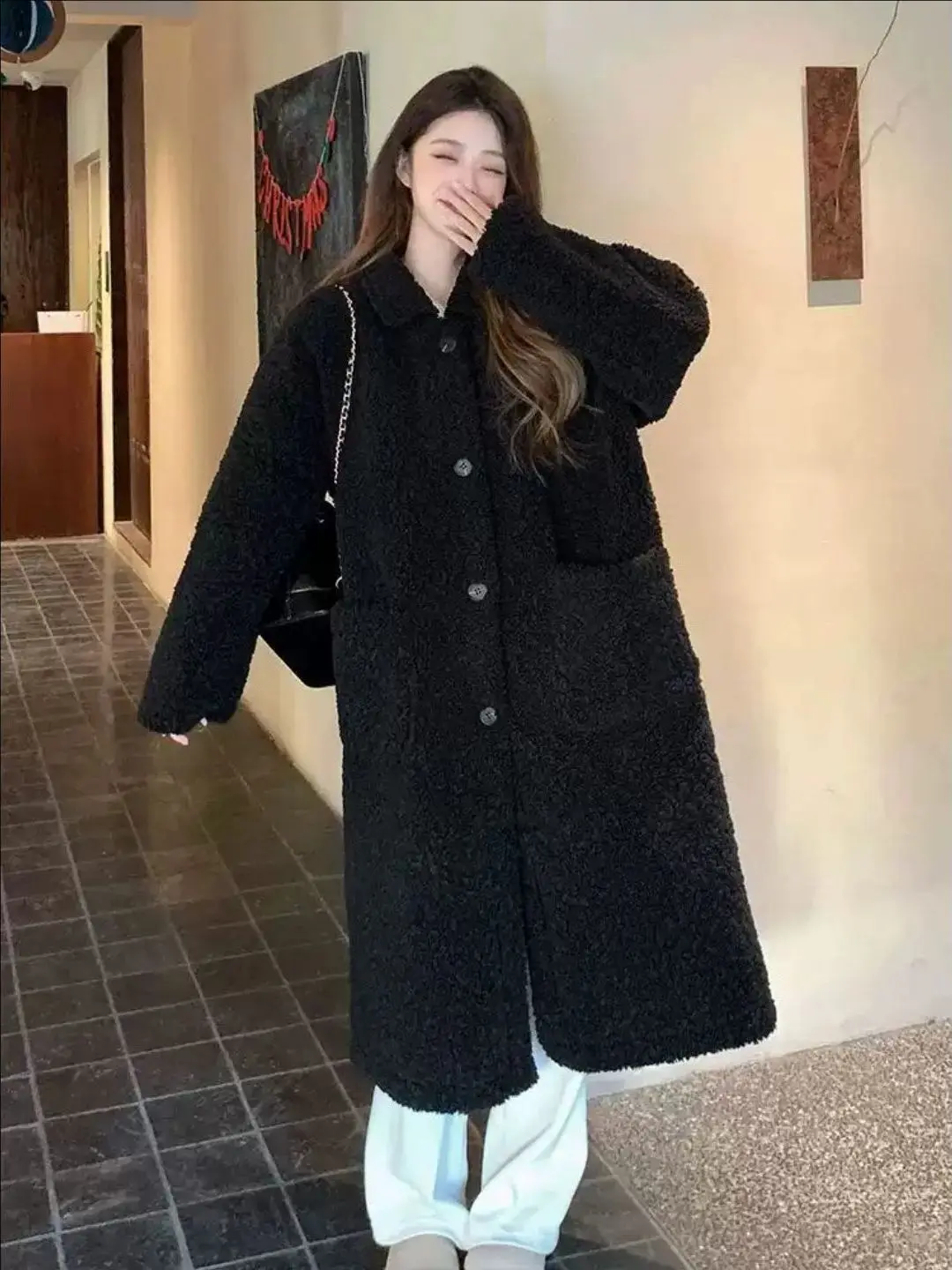 Thiened 스트리트 슬레 양털 코트 따뜻한 인조 모피 칼라 원피스 겨울 외투 여성용 출퇴근 패션 루즈핏