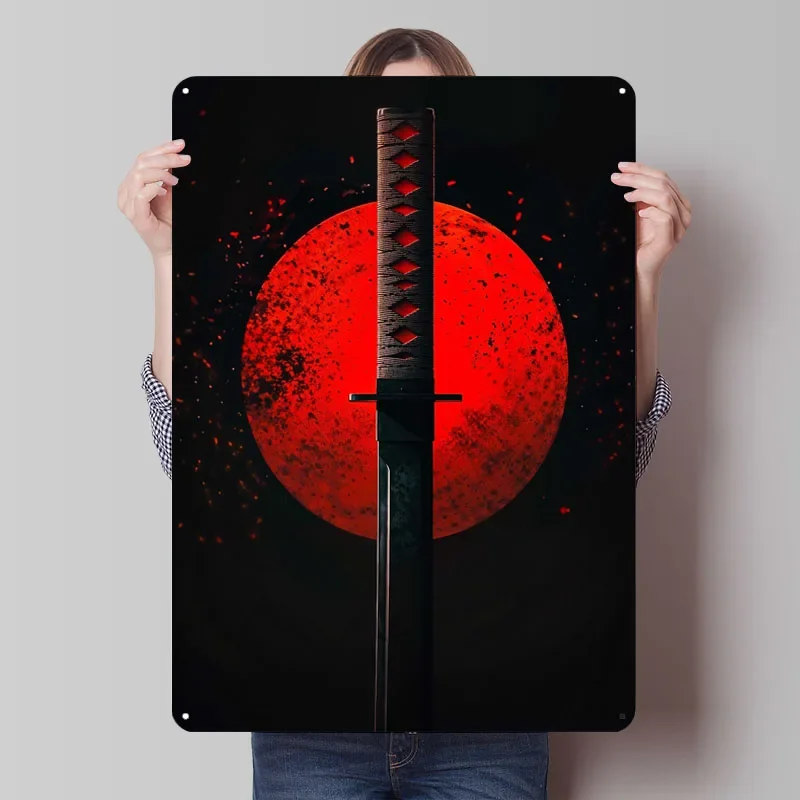 Póster de Metal de Luna Roja con espada samurái, decoración artística de pared, esquina de café, carteles de estaño de Metal Vintage personalizados para decoración de la habitación del hogar Retro