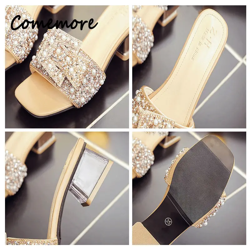 Comemore 2023 Rhinestone Sequins Designer Slides Luxury Non-Slip Square Heel Women Slippers Fashion New Butterfly-knot Sandals