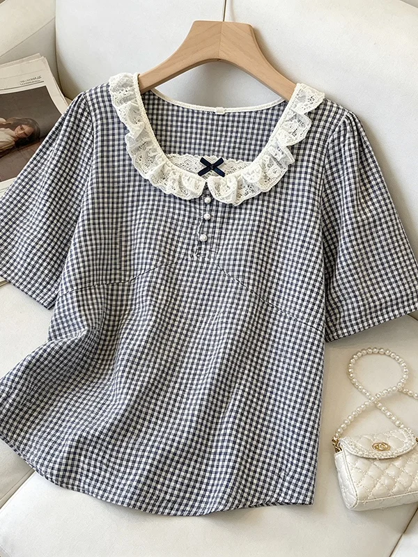 

2026 Summer New Women's Loose Plaid Short Sleeve Shirt Fashionable Lace Trim Versatile Slimming Design Korean Style Commute Wind