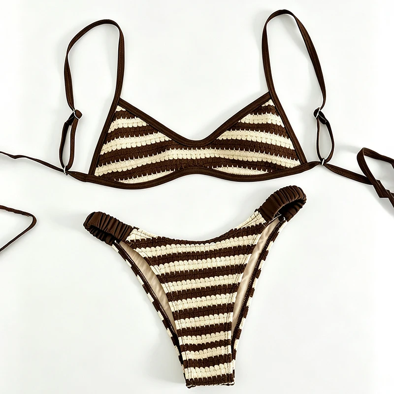 2 Piece Striped Knit Bikini for Women Textured Crinkle Fabric Adjustable Spaghetti Straps High Cut Cheeky Swim Bathing Suits