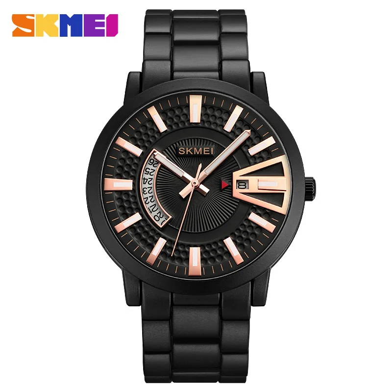 

SKMEI New Mens Quartz Watches Business Black Stainless Steel 30M Waterproof Wristwatches Big Dial Luminous Date Clock Male 9185
