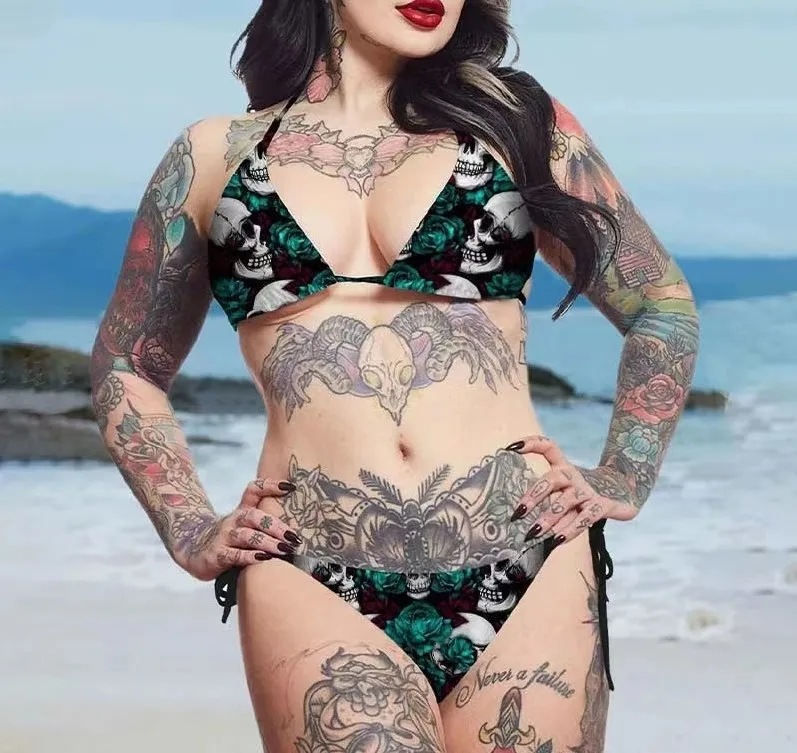 New Sexy Gothic Emo Bikini Women Two-piece Skull Print Bikini Suit Split Bathing Suit High Waist Swimsuit Strap Beach Wear