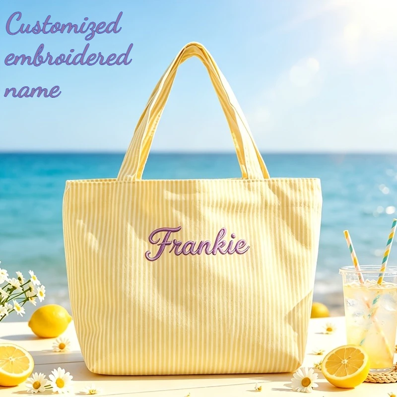 Personalized Custom Name Embroidered Tote Bag Women Summer Striped Canvas Beach Bag Customized Name Shoulder Handbag Gift