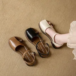 Beige Heeled Sandals Buckle Strap Comfort Shoes for Women 2025 Summer Black Flat Clear Low Fashion New Closed Girls Fretwork Cas