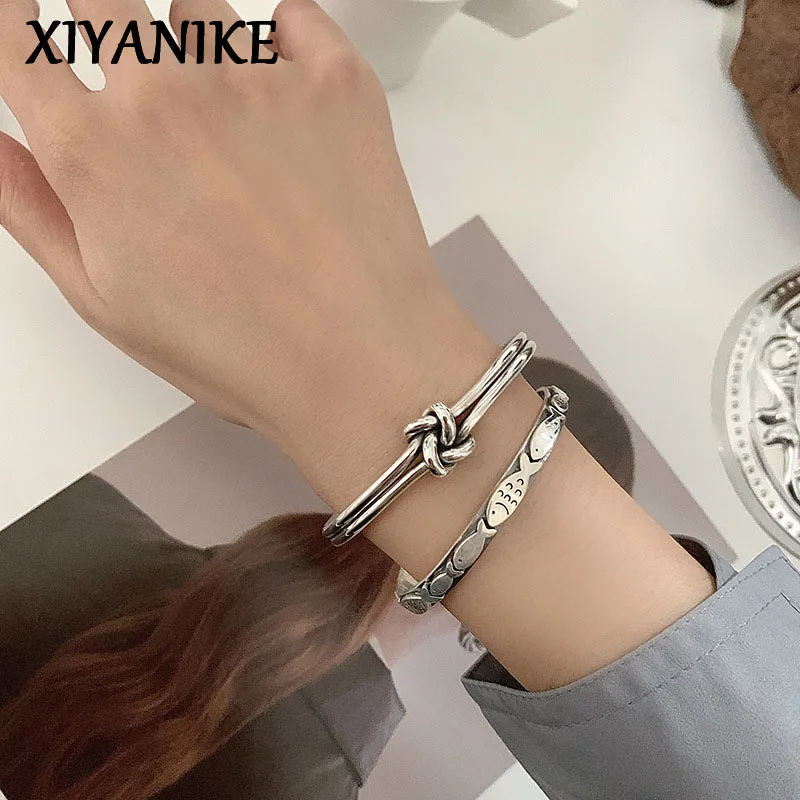 XIYANIKESilver Color Korean Knotted Fish Bracelet Female Retro Unique Design Cold Wind Distressed Open Punk Jewelry Gift
