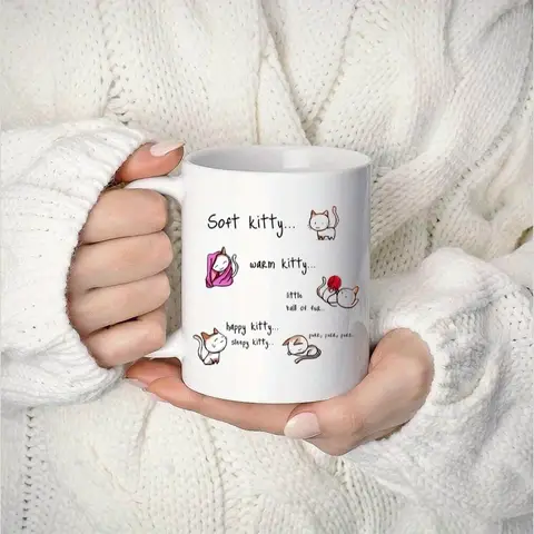 Soft Kitty Ceramic Coffee Mug - 11 Oz Cute Kitten Two-Tone Multipurpose Cup, Reusable Poly-coated, Dishwasher Safe Mug for Home