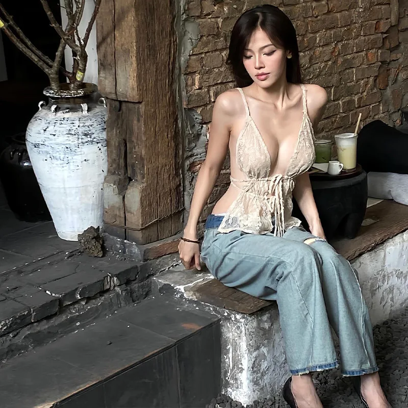 2025 Women Harajuku Grunge Camisoles Y2k Aesthetic Vintage Lace Tank Summer See Through Sexy Fairy Tanks Backless Top