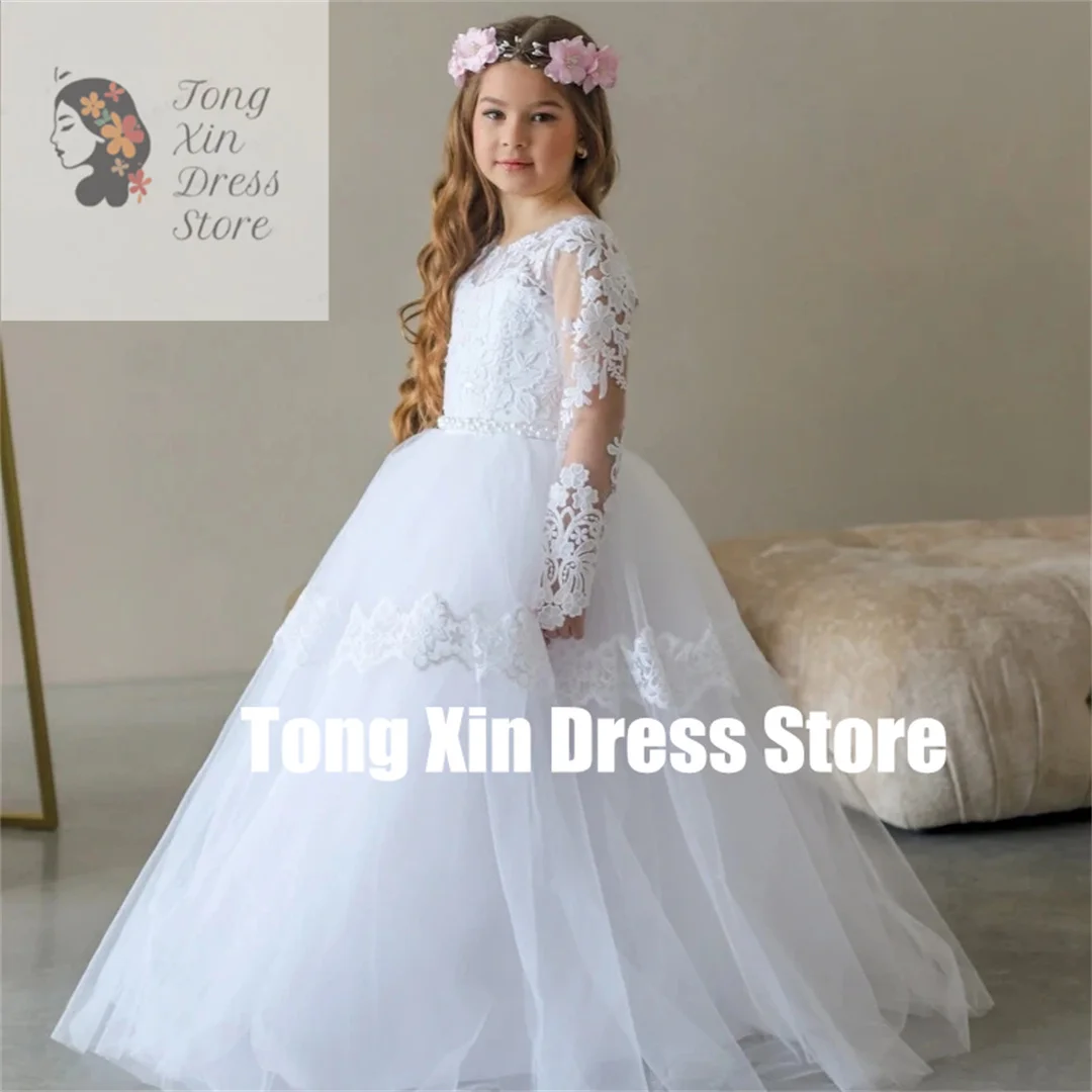 Customized White Tulle Pearls Belt Long Sleeve Flower Girl Dresses Lace Appliques For Wedding Birthday Party Holy Communion Gown