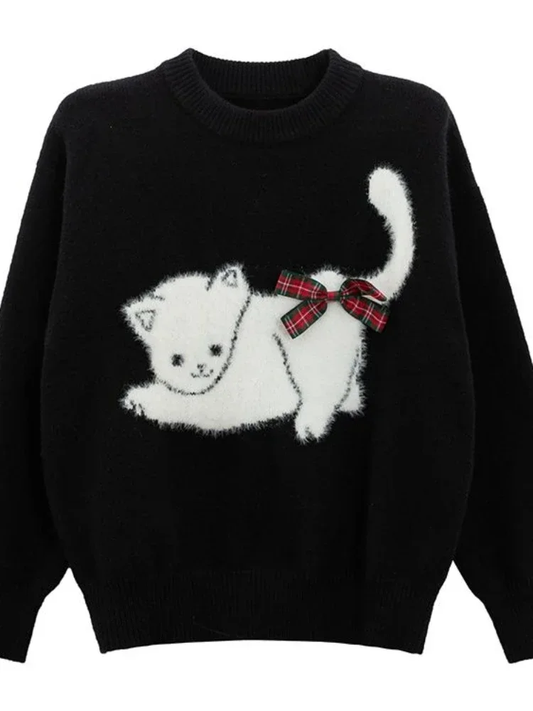 Deeptown Korean Fashion Y2k Kawaii Kitty Print Sweater Cashmere Knitted Streetwear Female Top Autumn Winter Christmas Clothes