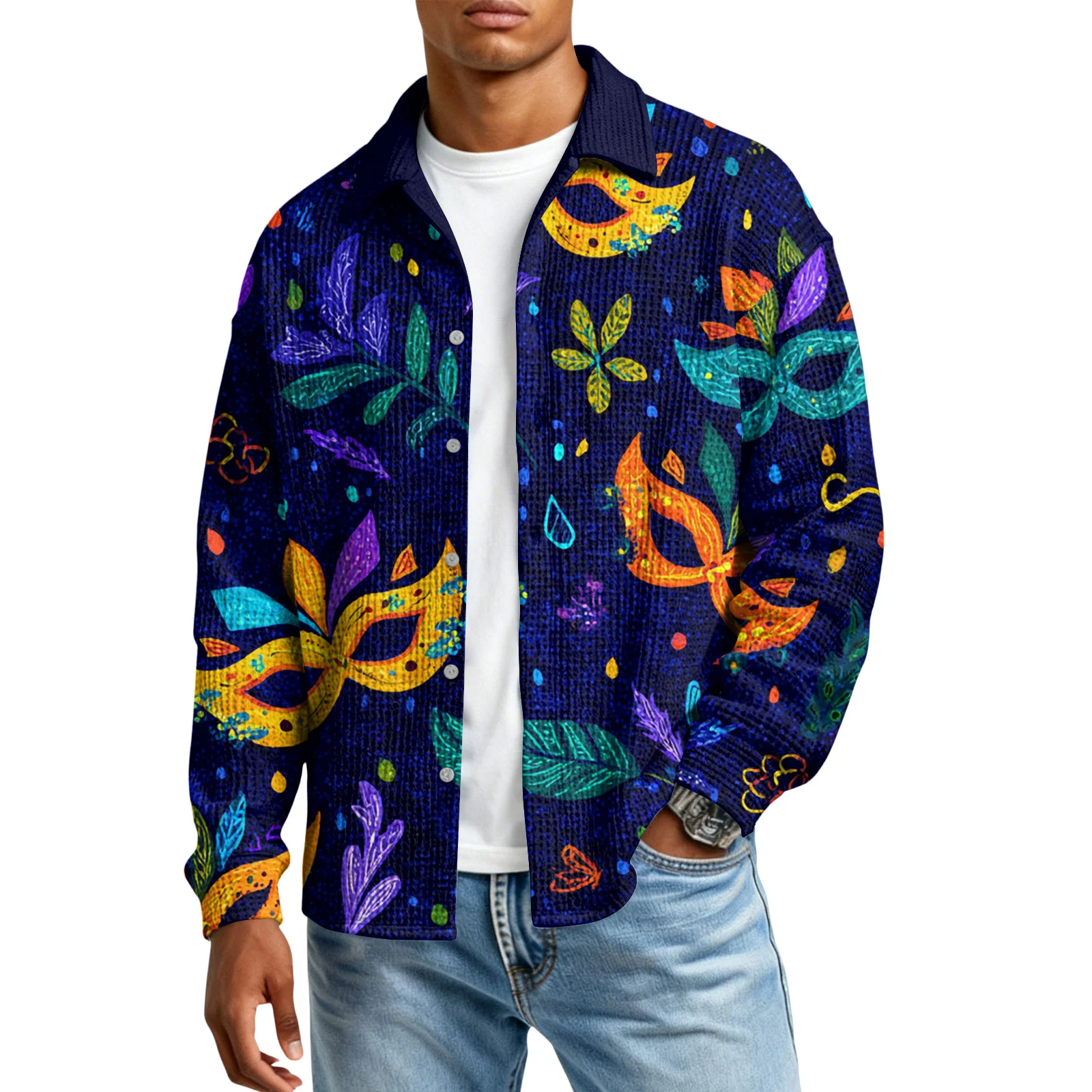 

Карнавальный принт, рубашка с длинными рукавами и воротником, однобортная рубашка, мужская повседневная рубашка для вечеринок, весенне-осенняя мужская рубашка