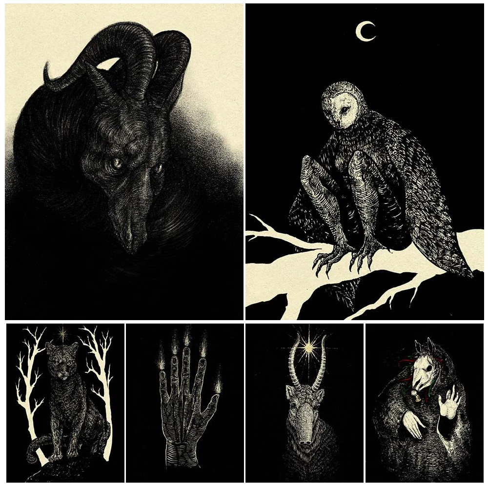 

Demon By The Fire And Owl Man Vintage Wall Art Canvas Painting Mysterious Demon Creature Art Poster And Print Home Decoration