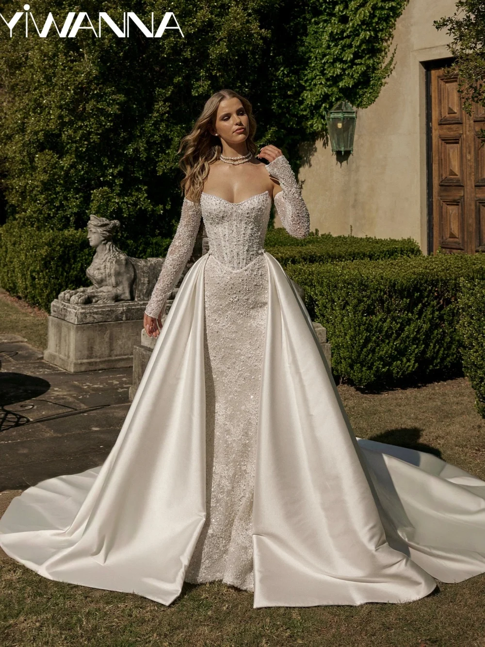 Opulent Lace Pearls Wedding Dress With Overskirt Detachable Sleeve Strapless Bridal Gown Customized Dreamy Dresses For Bride
