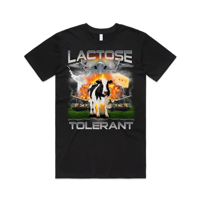 Lactose Tolerant Epic Battle T-Shirt. Black Tee with Cow Vs Army Graphic Plane Tanks & Fire Funny Dairy Lover Humor Gift Idea