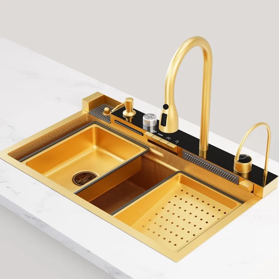 29.5 x 18 Inch Gold 304 Stainless Steel Smart Waterfall Kitchen Sink Set with Pull-down Faucet Drain Basket Inside-Basin Organi