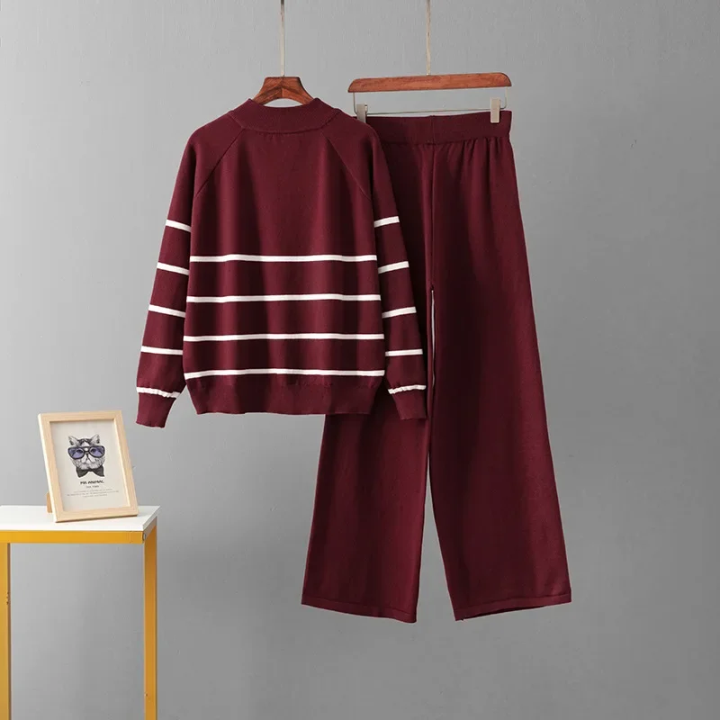 Suéter de punto suelto informal, conjunto de jerséis y pantalones a rayas a la moda, nuevo traje de Otoño Invierno para mujer, conjunto de 2 piezas para mujer