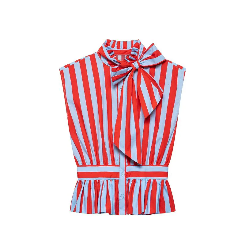 

2026 New Color Block Striped Women Sleeveless Blouse Bow Decor Waist Cinched Peplum Top Casual Daily Streetwear Outfits