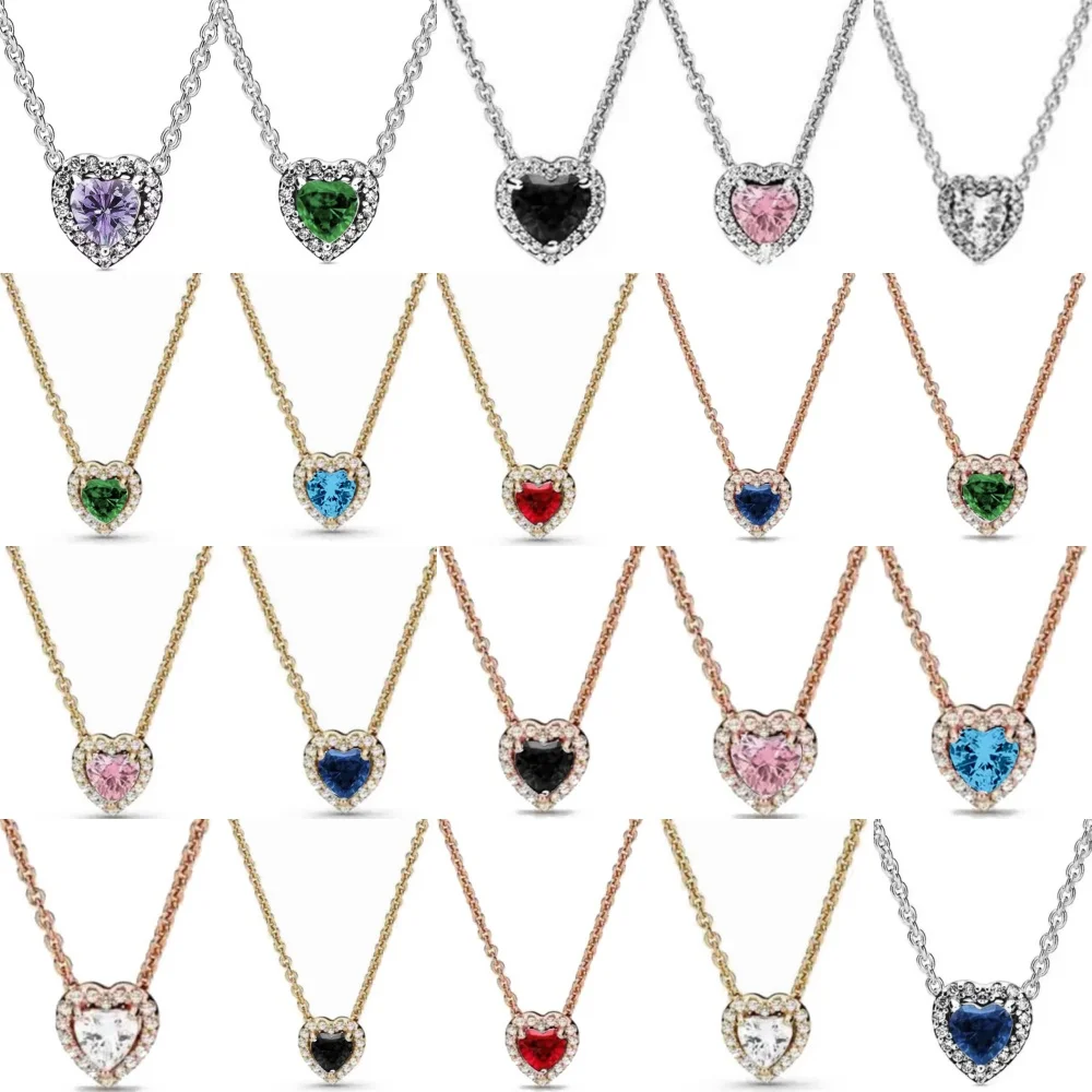 

New 925 Silver, Pink, Blue, Green, Purple Heart-Shaped Necklace Suitable for High-Quality Jewelry Gifts for European Women