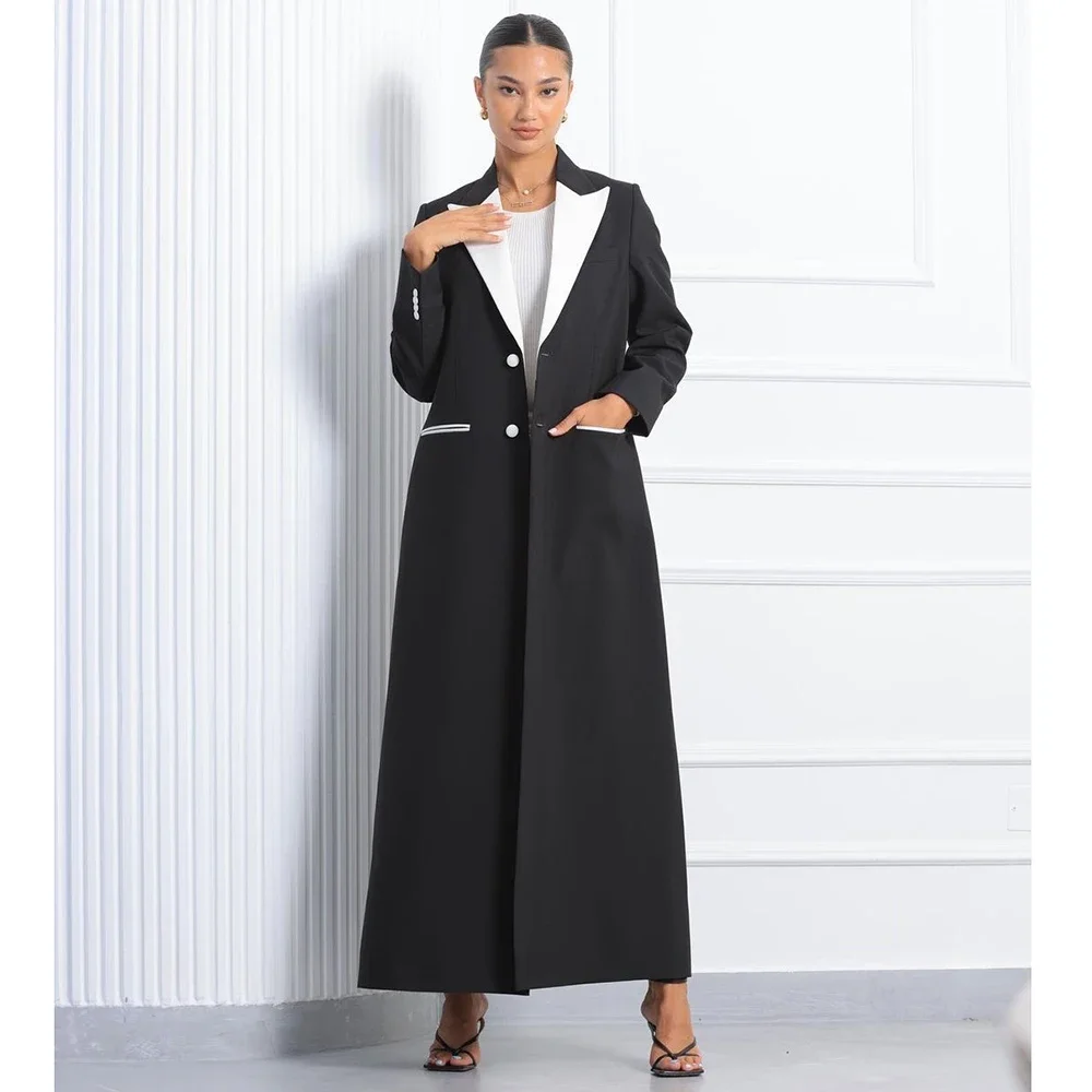 Black Women\'s Blazer One Long Jacket Single Breasted White Peak Lapel Formal Occasion Office Lady Loose Suits Muslim Abayas