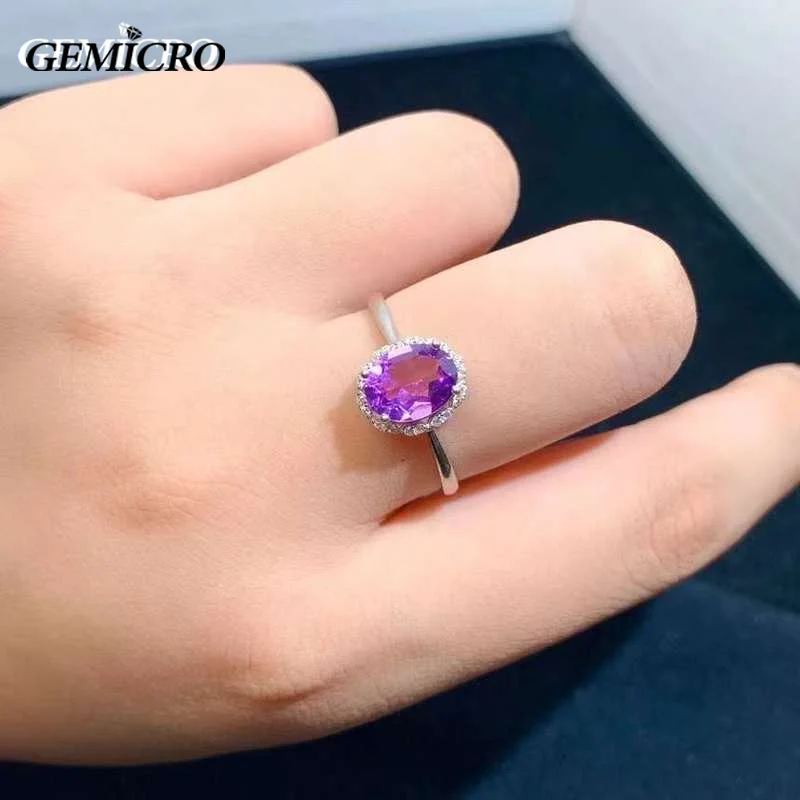 Gemicro 925 Silver Elegant Natural Amethyst Ring for Women Purple Gemstone Ladies Resizable Rings Fine Jewelry
