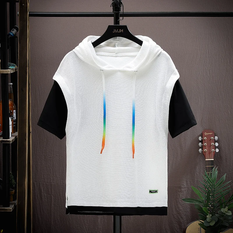 

Fashion Casual Men's Summer Hooded T-Shirts Youth Hip Hop Short-Sleeve Punk Tees Outwear Loose Tshirt Half Sleeve Tops Clothing