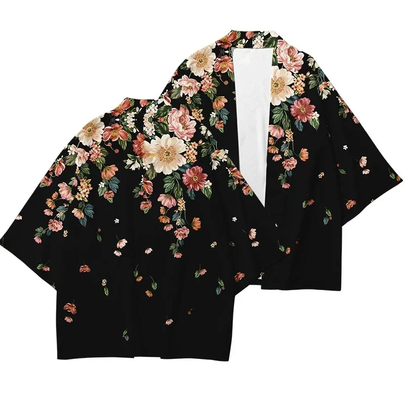 Unisex Vintage Floral Print Haori Kimono Cardigan Japanese Open Front 1/2 Sleeve Yukata Beach Cover Up Summer Coat Tops
