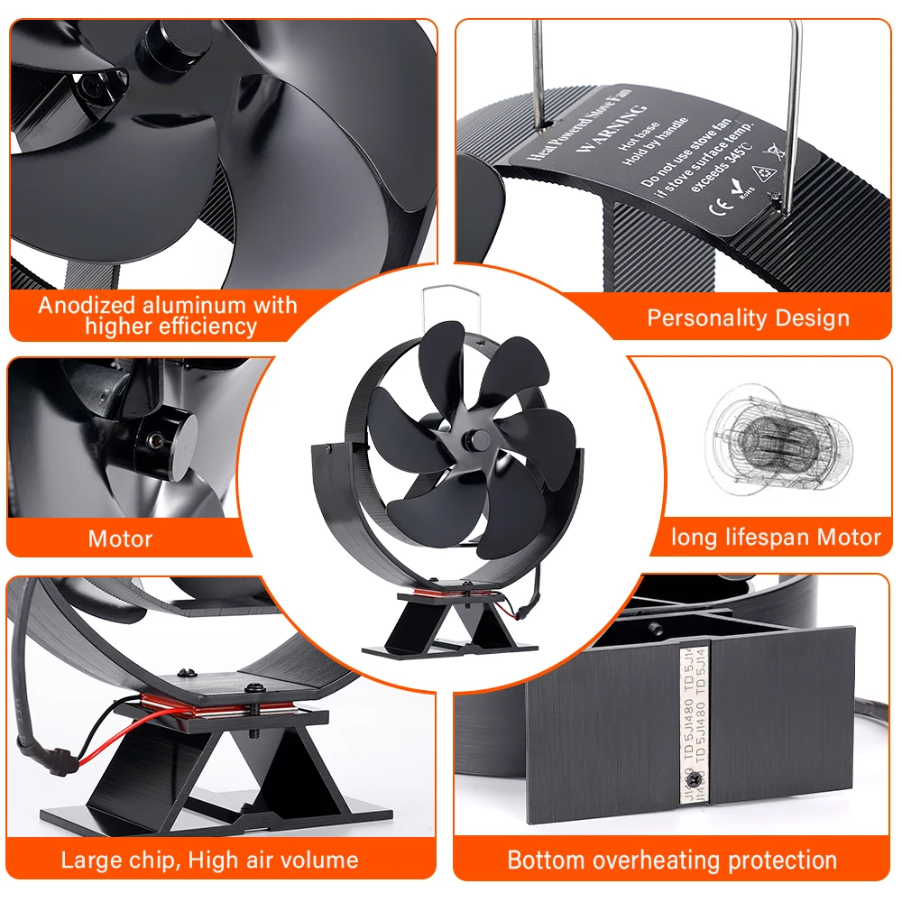 6 Blades Heat Powered Stove Fan 360 Rotating Fireplace Fan Log Wood Burner Eco-fan Quiet Efficient Heat Distribution Stove Fan