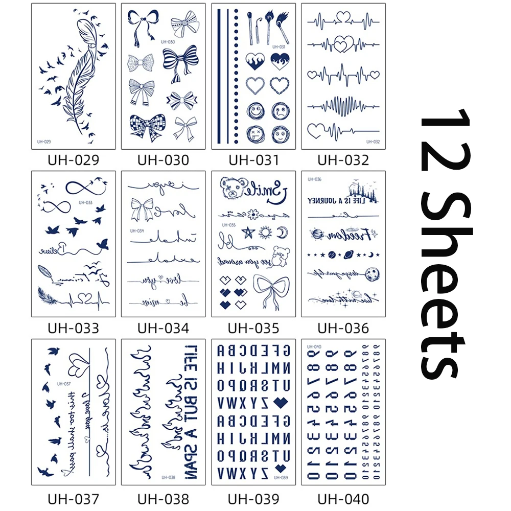 Tinta de tatuaje a base de hierbas, 12 piezas, pegatina de tatuaje impermeable semipermanente, pluma, pájaros, letras voladoras, números de la