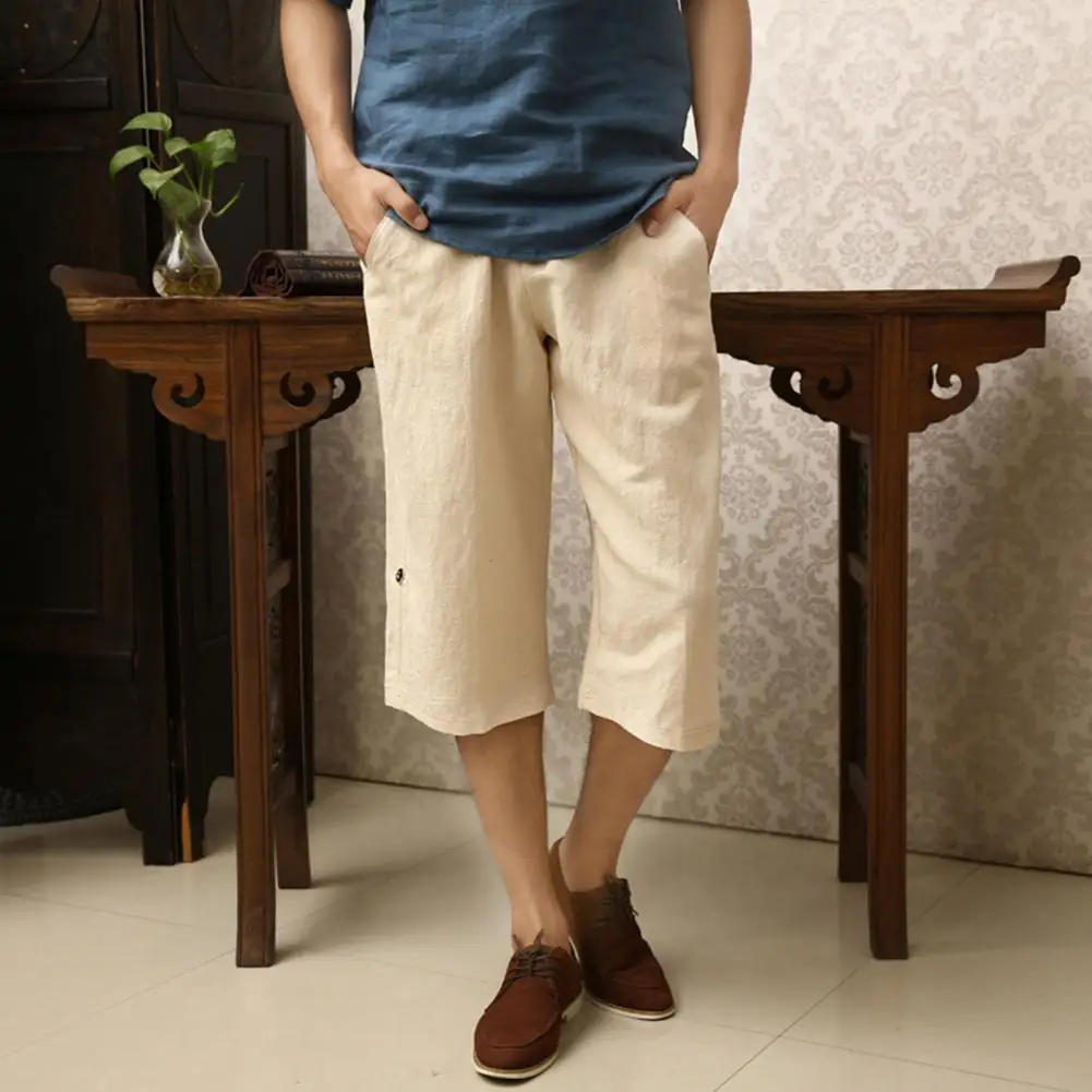 Soft Comfortable Men Pants Men's Cotton Linen 3/4 Pants with Pockets for Running Wear Breathable Gym Shorts for Beach Quick Dry