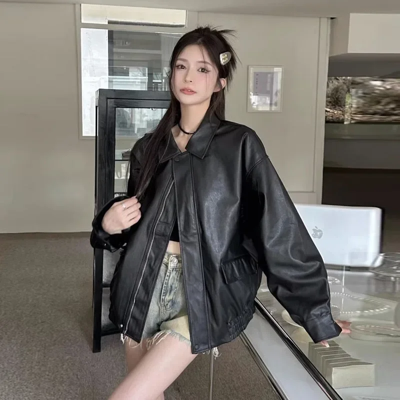 

Однотонные куртки из искусственной кожи в американском стиле ретро, женские осенние милые крутые топы, мешковатые уютные куртки с отложным воротником на молнии, модные карманы, сращенное пальто