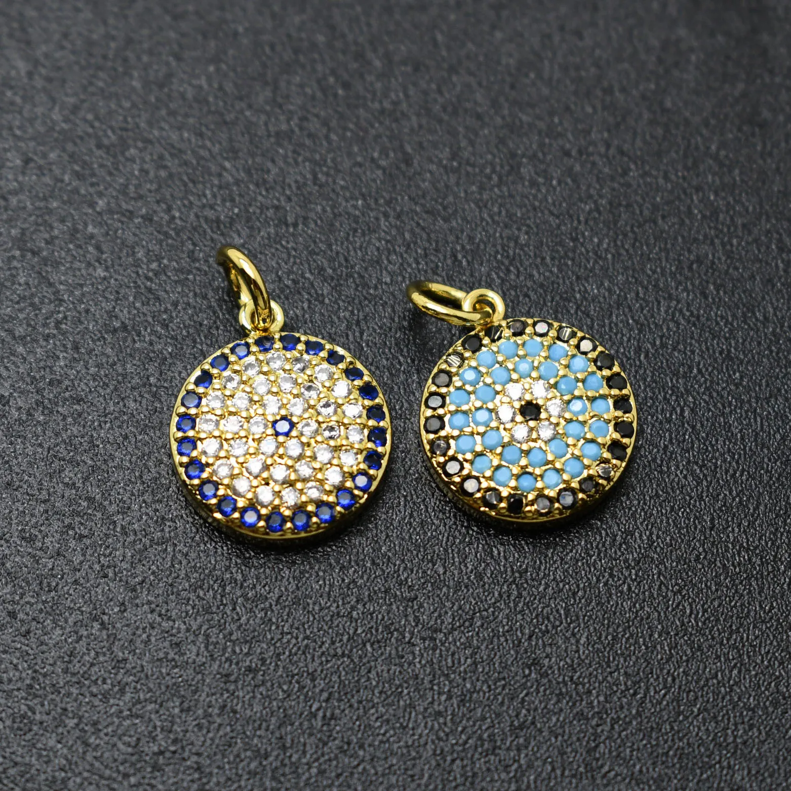 

Jewelry Making Supplies Gold Plated Blue Turquoise Color CZ Paved Metal Evil Eye Round Charms for DIY Bracelet Earring Necklace