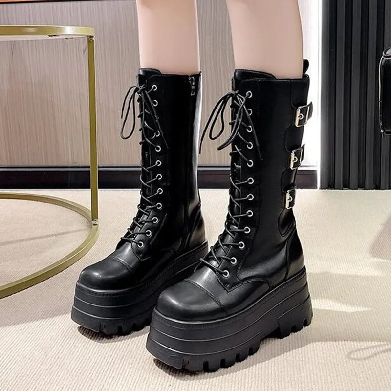 2027 New 11cm Chunky Platform Ankle Boots Women Autumn Winter Motorcycle Boots Woman Thick Bottom Non Slip Leather Combat Boot