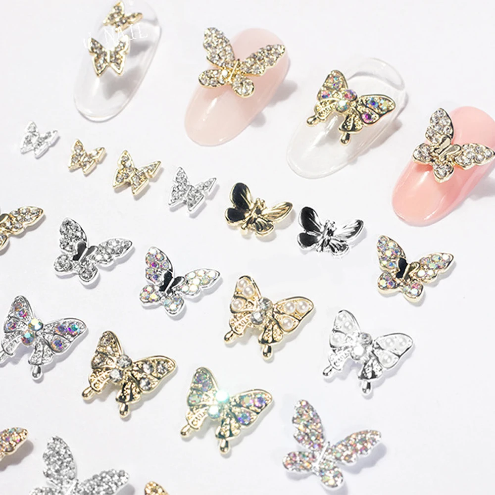 10pcs Multi-Designs Borboleta Nail Art Jóias 3D Borboleta (Com Pérola Diamante Rhinestone) Nail Charm Alloy Nail Acessórios