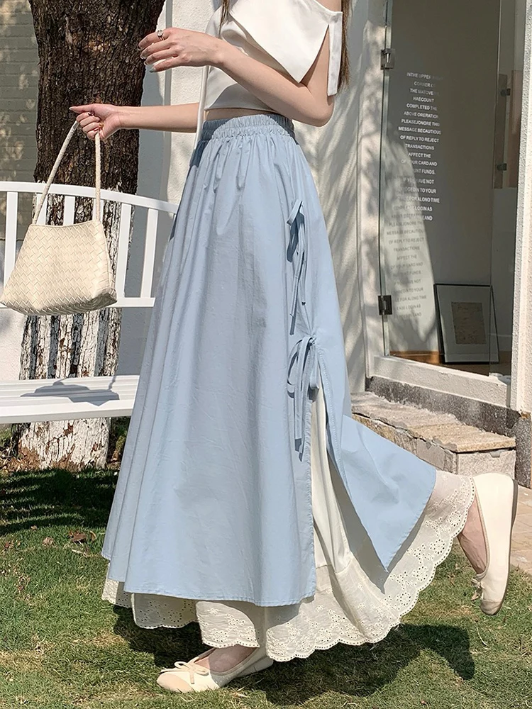 Pure Cotton Long Skirt Women Spring Sweet Lace Up Patchwork A Line Preppy Skirts High Waist Loose Casual Student Fashion Skirt